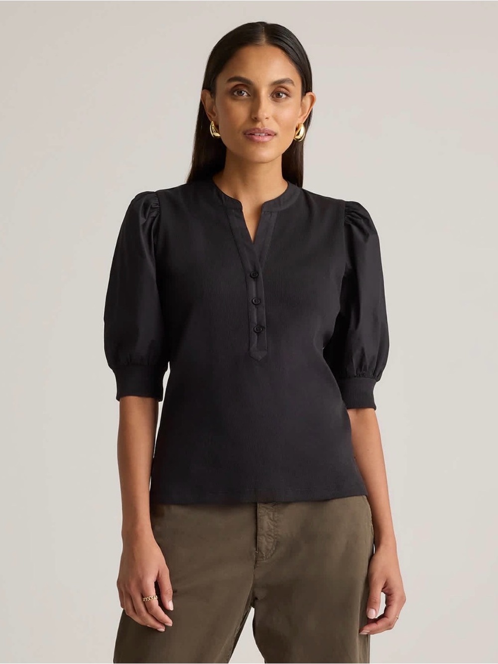 Express Black Puff-Sleeve Henley Blouse - Black